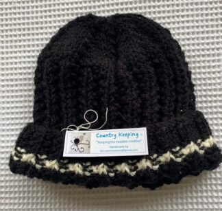 Beanie - Knitted Black with white trim - 1 year old