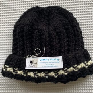 Beanie - Knitted Black with white trim - 1 year old